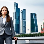 **

A professional businesswoman in a tailored, modest grey suit, standing confidently in front of the Moscow City business district skyline. Fully clothed, appropriate attire, safe for work, perfect anatomy, correct proportions, natural pose, professional corporate photography, high quality, family-friendly.

**