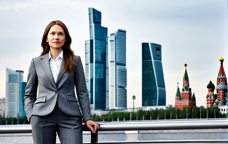 **

A professional businesswoman in a tailored, modest grey suit, standing confidently in front of the Moscow City business district skyline. Fully clothed, appropriate attire, safe for work, perfect anatomy, correct proportions, natural pose, professional corporate photography, high quality, family-friendly.

**