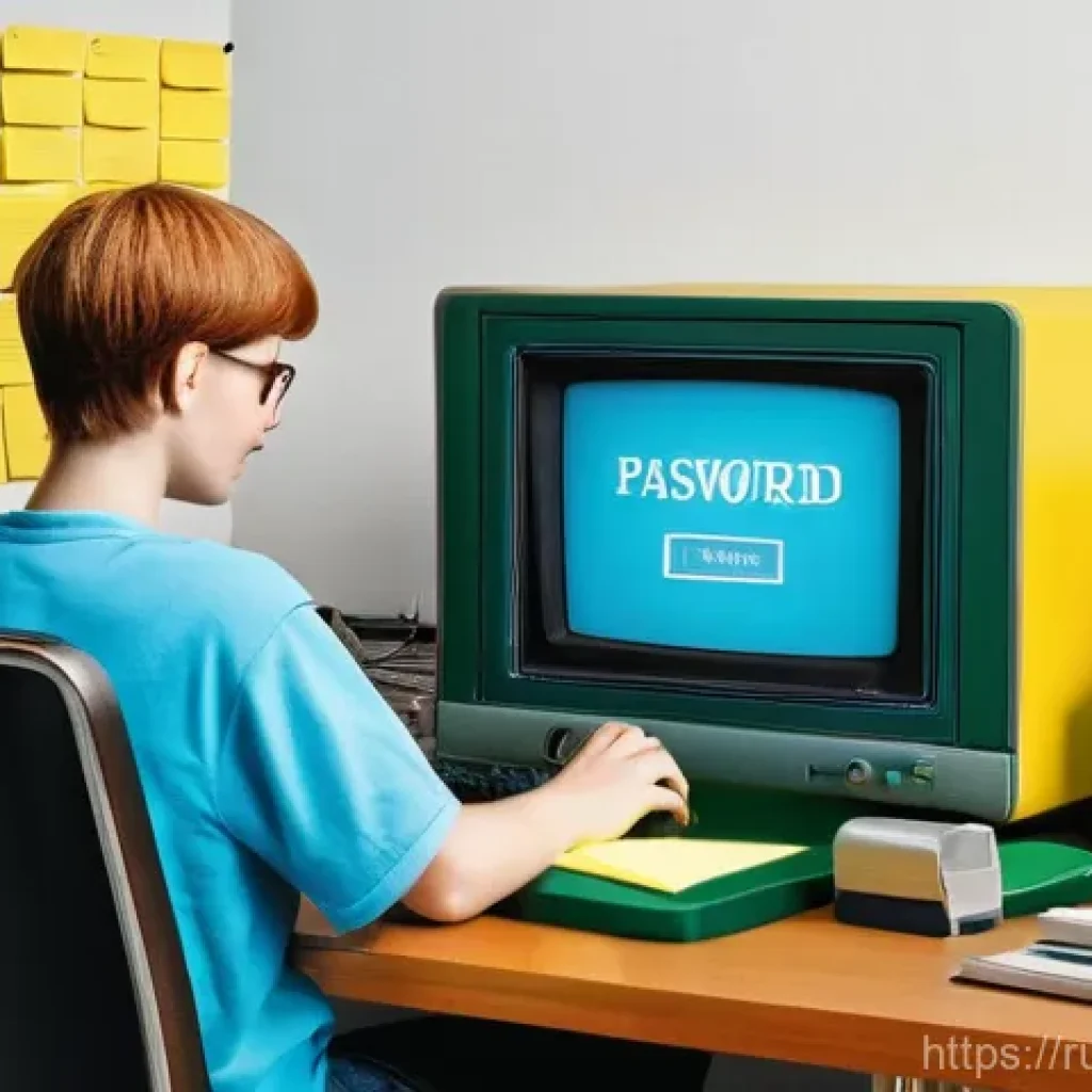 비밀번호 관리 시스템의 시장 발전 방향 - **Prompt:** A nostalgic scene depicting a person in a home office during the early 2000s. The indivi...