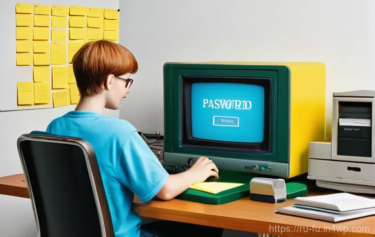 비밀번호 관리 시스템의 시장 발전 방향 - **Prompt:** A nostalgic scene depicting a person in a home office during the early 2000s. The indivi...