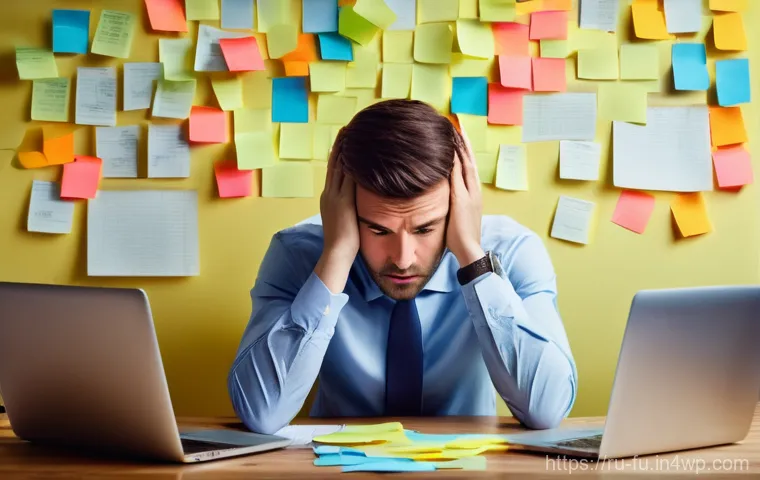 비밀번호 관리 시스템을 통한 생산성 향상 - **Prompt:** A person (mid-30s, smartly dressed in business casual attire) at a cluttered desk, looki...