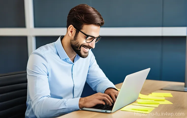 비밀번호 관리 시스템을 통한 생산성 향상 - **Prompt:** A person (mid-30s, smartly dressed in business casual attire) at a cluttered desk, looki...