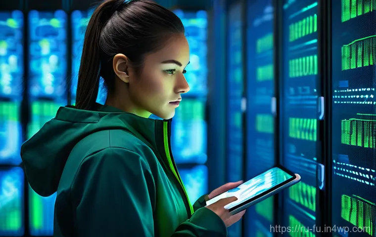 업종별 패스워드 관리 시스템 추천 - A highly detailed, realistic image of a female cybersecurity engineer in a modern, subtly lit data c...