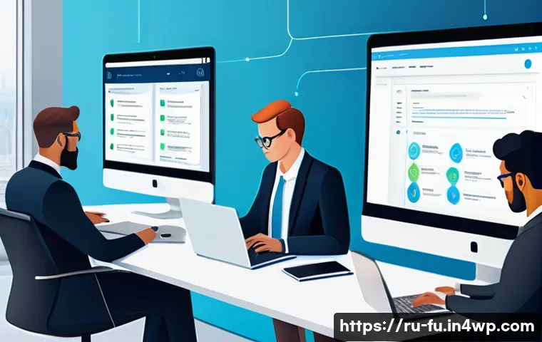 비밀번호 관리 시스템의 보안 솔루션 제안 - A modern digital workspace scene showing a diverse group of Russian professionals collaborating secu...
