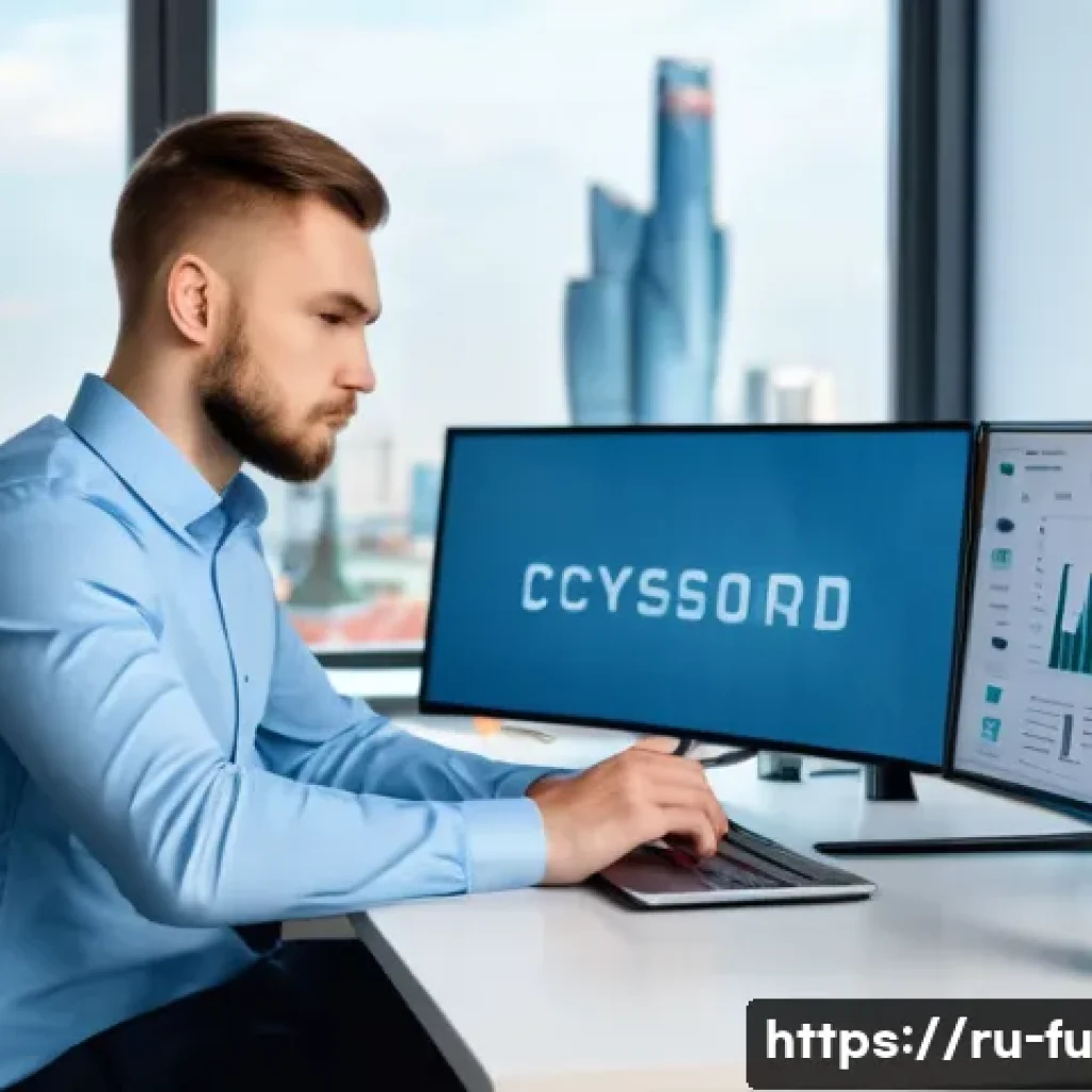 패스워드 관리 시스템과 사이버 보안 교육 - A modern office scene featuring a young Russian IT professional sitting at a sleek desk with multipl...
