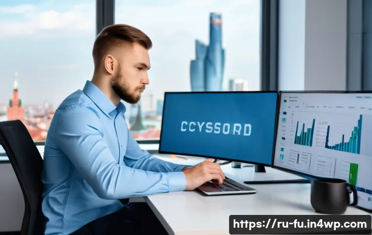 패스워드 관리 시스템과 사이버 보안 교육 - A modern office scene featuring a young Russian IT professional sitting at a sleek desk with multipl...