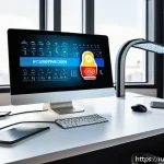 Home 21 패스워드 관리 시스템의 효과적인 운영 전략 - A detailed digital illustration of a professional workspace focused on cybersecurity, showing a mode...