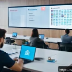 Home 20 패스워드 관리 시스템과 기업 보안 정책 - A modern corporate office environment showing a diverse group of employees engaged in a cybersecurit...