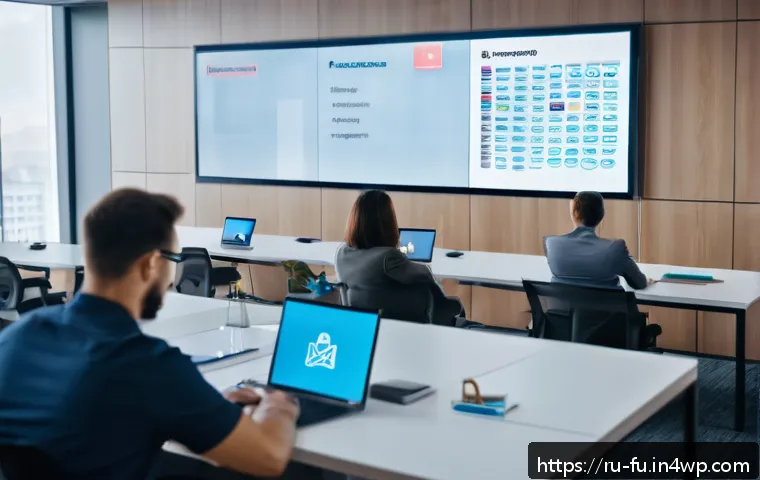 패스워드 관리 시스템과 기업 보안 정책 - A modern corporate office environment showing a diverse group of employees engaged in a cybersecurit...