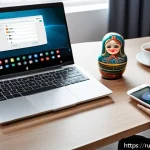 Home 19 패스워드 관리 앱 추천 - A sleek, modern workspace featuring a person using a laptop and smartphone simultaneously, both disp...