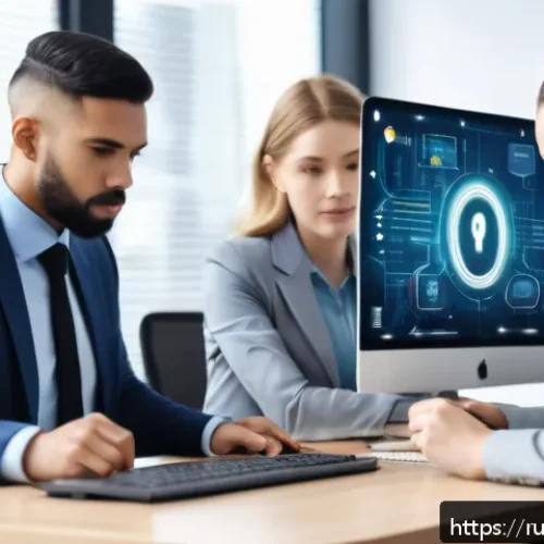 Home 17 비밀번호 정책 수립 방법 - A modern office scene with a diverse group of professionals collaborating on cybersecurity best prac...