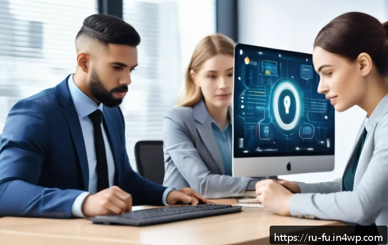 비밀번호 정책 수립 방법 - A modern office scene with a diverse group of professionals collaborating on cybersecurity best prac...