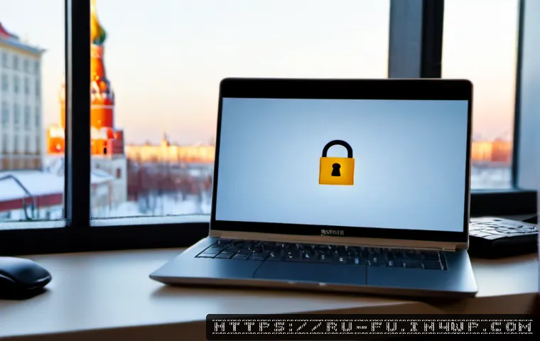 Home 17 비밀번호 관리 시스템의 API 활용하기 - Photorealistic secure office workspace in Moscow, a Russian IT professional using a laptop beside a ...